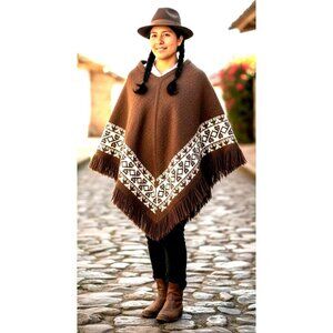 Vintage Fotrama Poncho Shawl Cape One Size Alpaca Wool Fringe Tribal Winter Boho